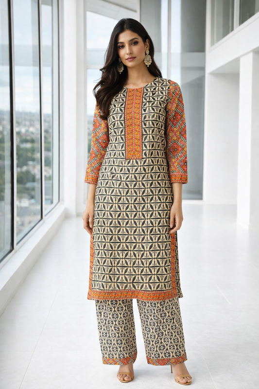 Model wearing RUHKÉ™ luxury Sindhi Ajrak-inspired co-ord set with statement jacket Zoom out