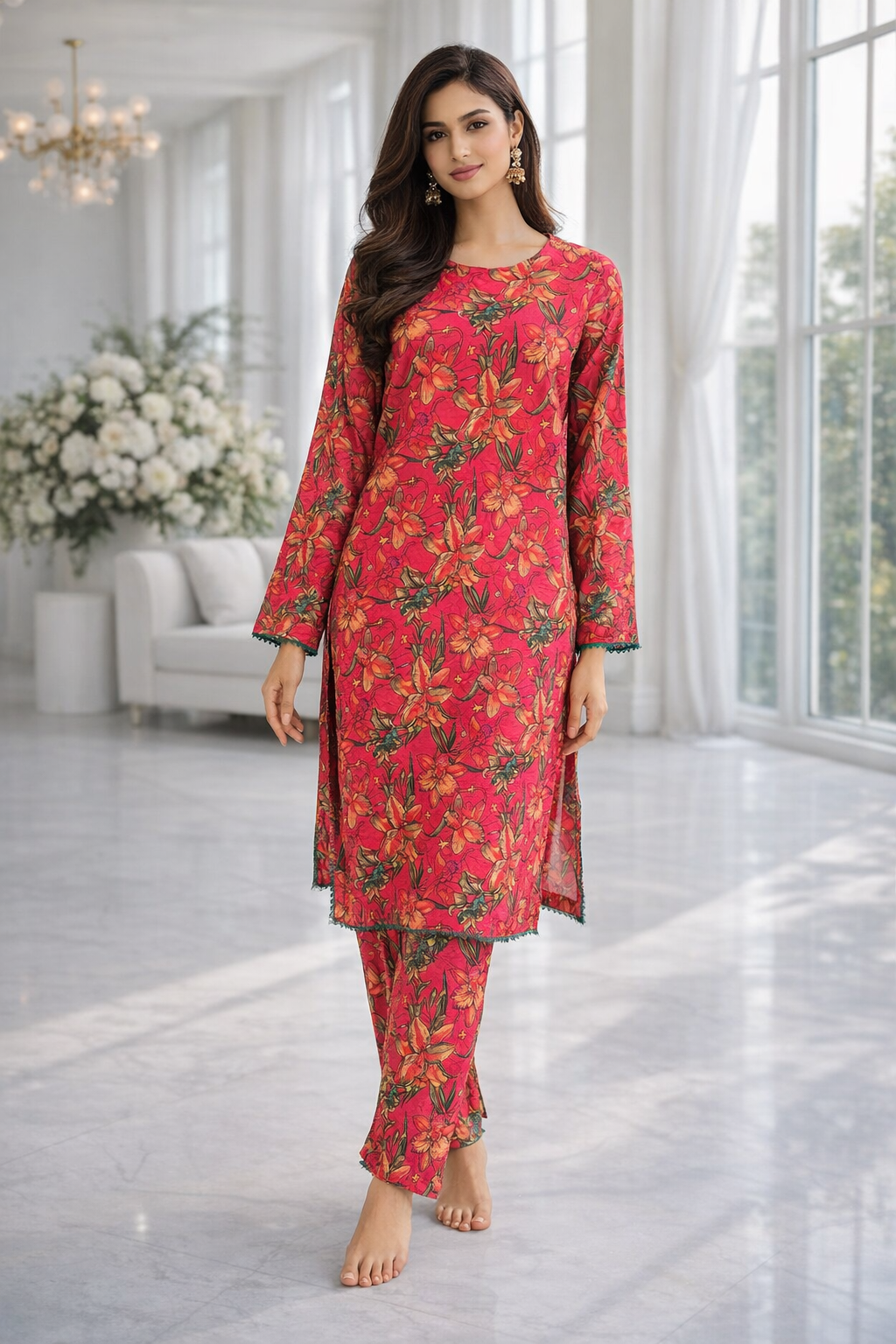 Luxury Printed Lawn Dress 2 Piece with Contrast Lace Patch on Sleeves & Daman | RUHKÉ™ main image 1