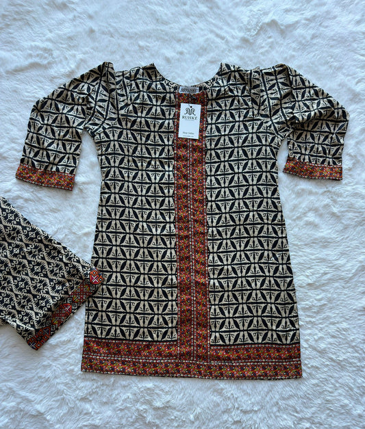 Printed lawn long shirt with contrast border detailing