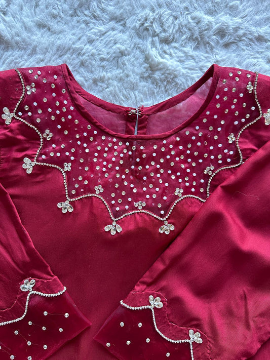 Red viscose silk long shirt featuring handcrafted embroidery and organza dupatta zoom