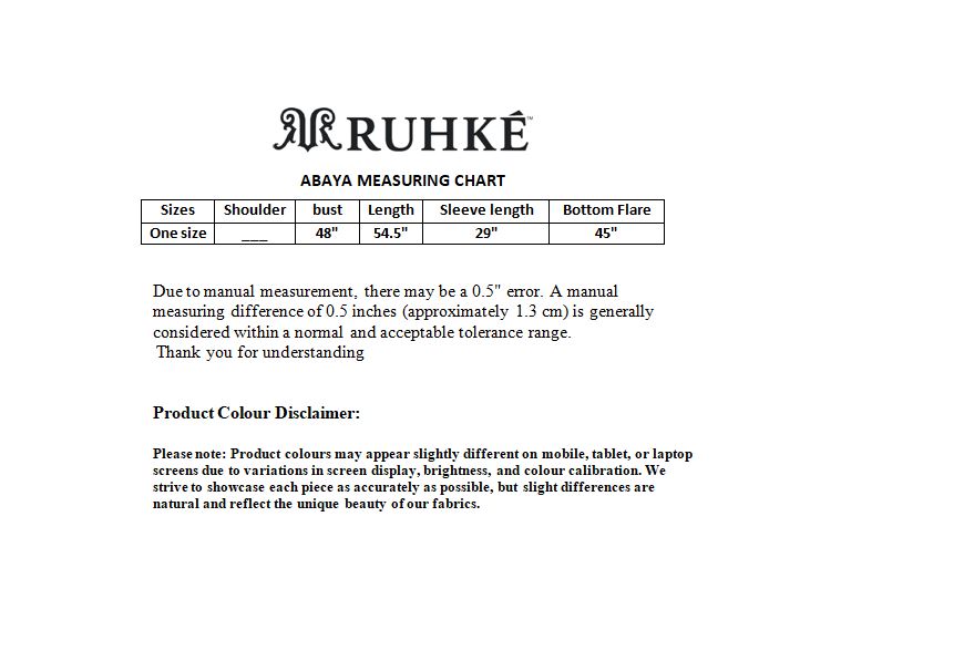 Ruhke abaya measuring chart with text on a white background