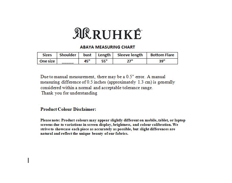 Ruhké abaya measuring chart on a white background