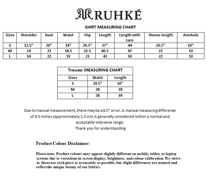 Size chart for women long lawn dress 3 piece suit