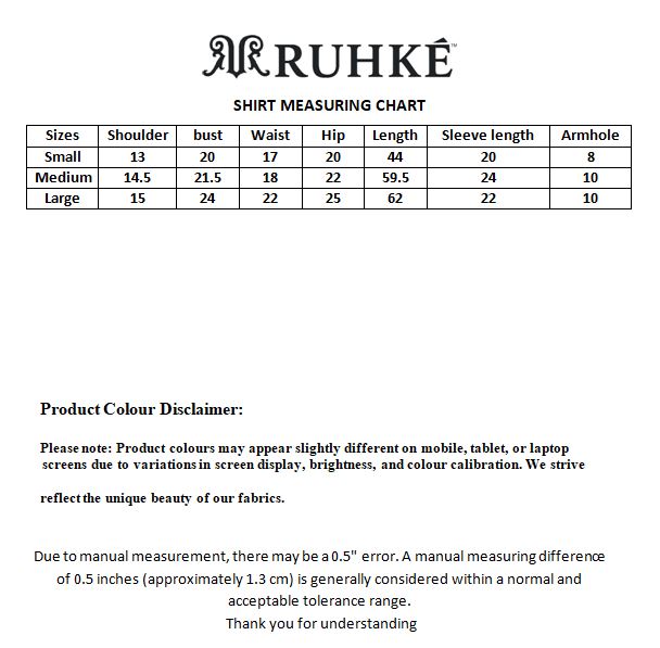 Ruhke shirt measuring chart on a white background