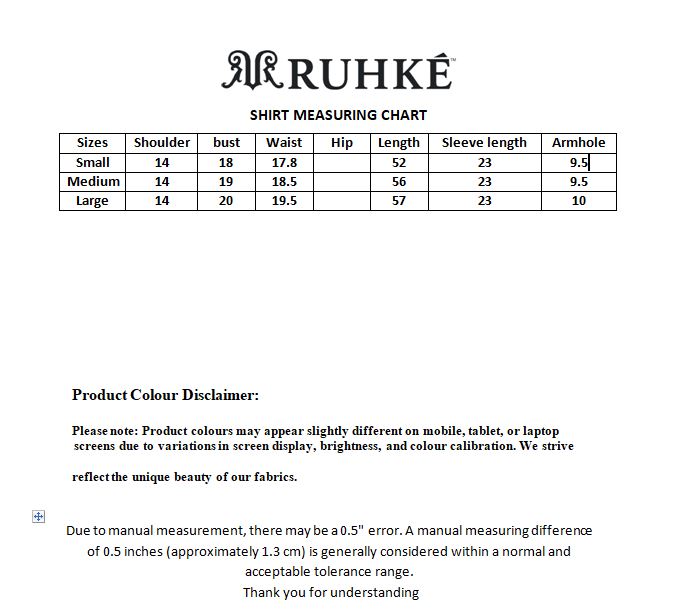 Ruhke shirt measuring chart on a white background