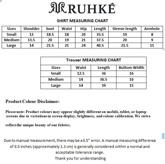 Ruhke shirt and trouser measuring chart on a white background