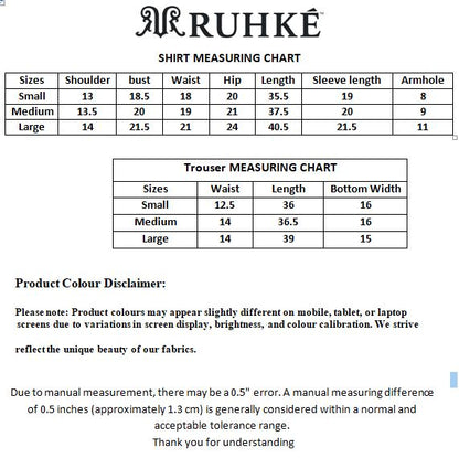 Ruhke shirt and trouser measuring chart on a white background