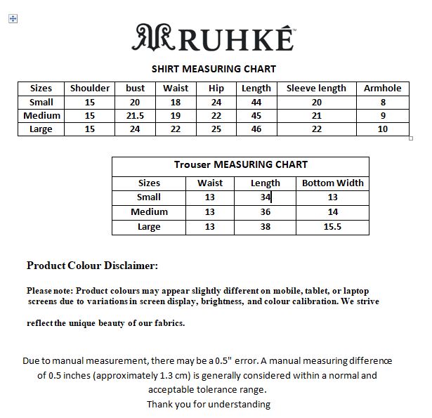 Ruhke shirt and trouser measuring chart on a white background