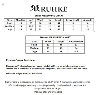 Ruhke shirt and trouser measuring chart on a white background