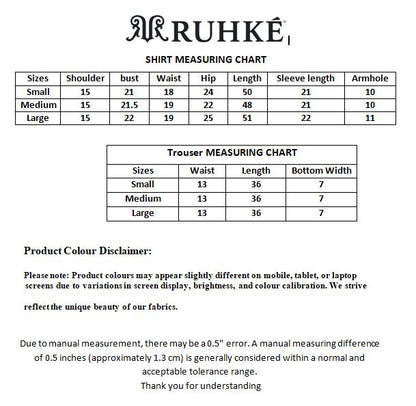 Ruhke shirt and trouser measuring chart on a white background