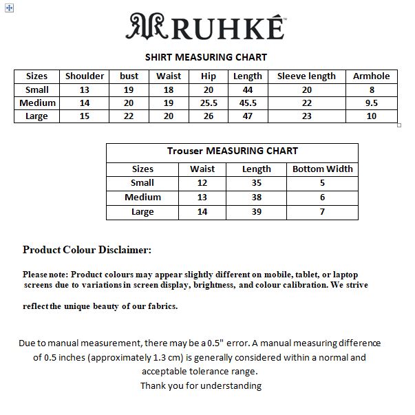 Ruhke shirt and trouser measuring chart on a white background