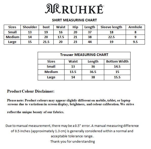 Ruhke shirt and trouser measuring chart on a white background