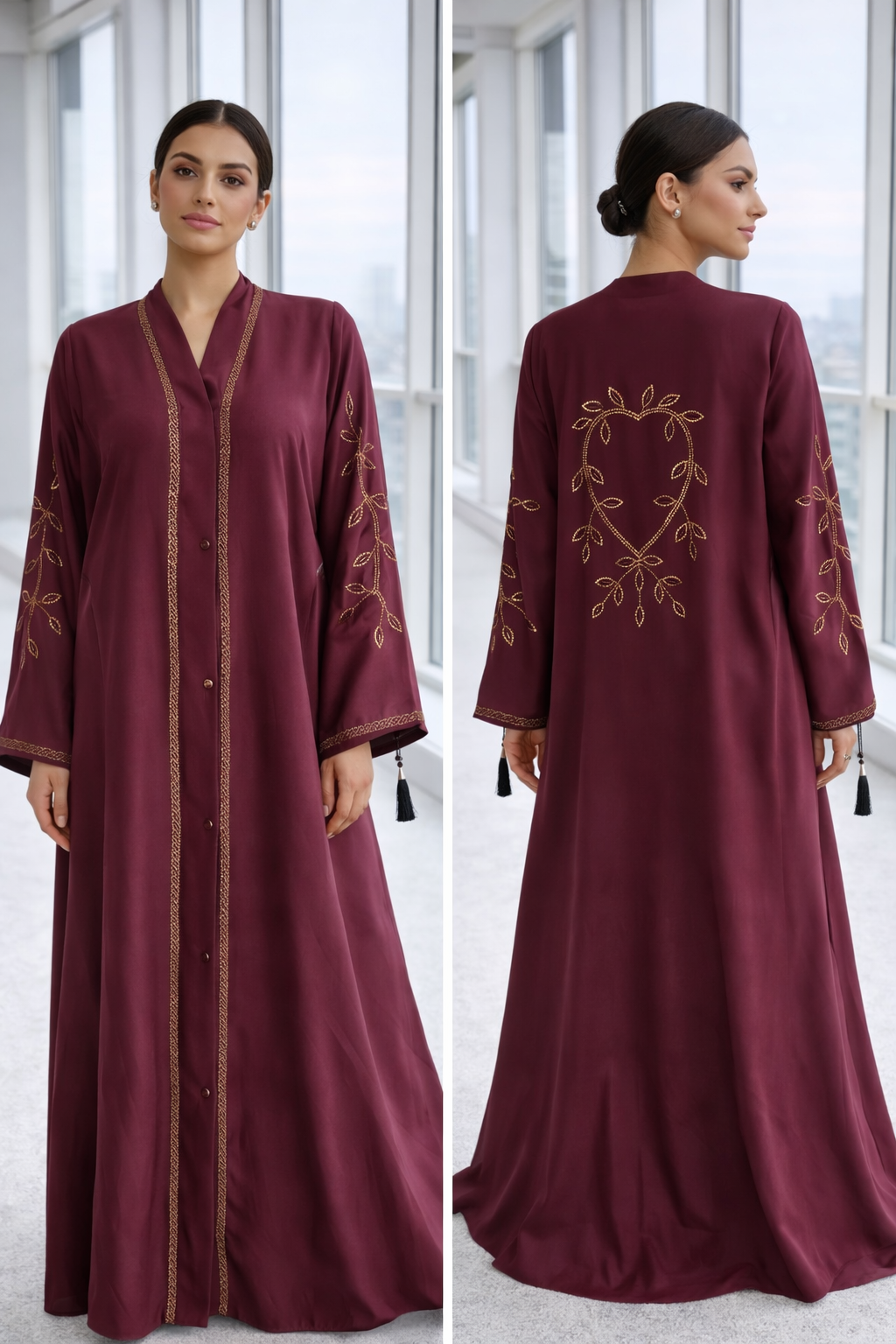 Luxury front open maroon premium Nida abaya with gold stone embroidery, and designer tassel sleeves by RUHKÉ