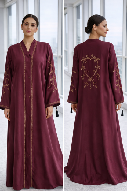 Luxury front open maroon premium Nida abaya with gold stone embroidery, and designer tassel sleeves by RUHKÉ