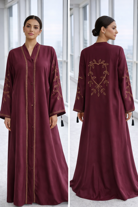 Luxury front open maroon premium Nida abaya with gold stone embroidery, and designer tassel sleeves by RUHKÉ