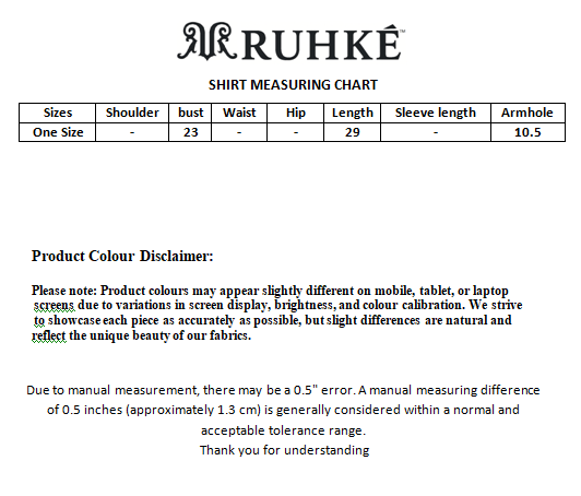 Premium Linen Mustard & Pink Hand-Beaded Designer Shirt for Women | RUHKÉ Luxury Casual Wear measuring chart 