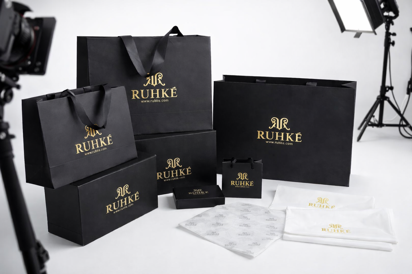 Luxury RUHKÉ signature packaging designed for premium fashion and jewelry