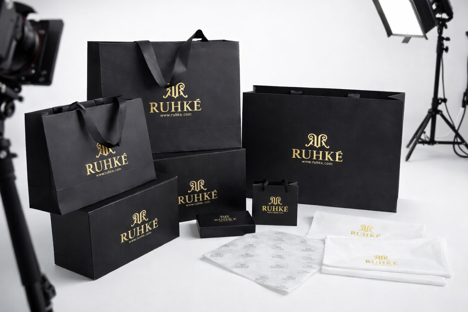 Luxury RUHKÉ signature packaging designed for premium fashion and jewelry