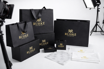 Luxury RUHKÉ signature packaging designed for premium fashion and jewelry