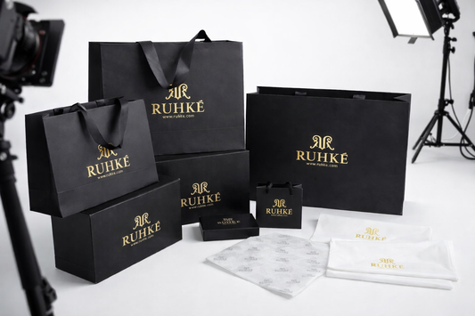 Luxury RUHKÉ signature packaging designed for premium fashion and jewelry