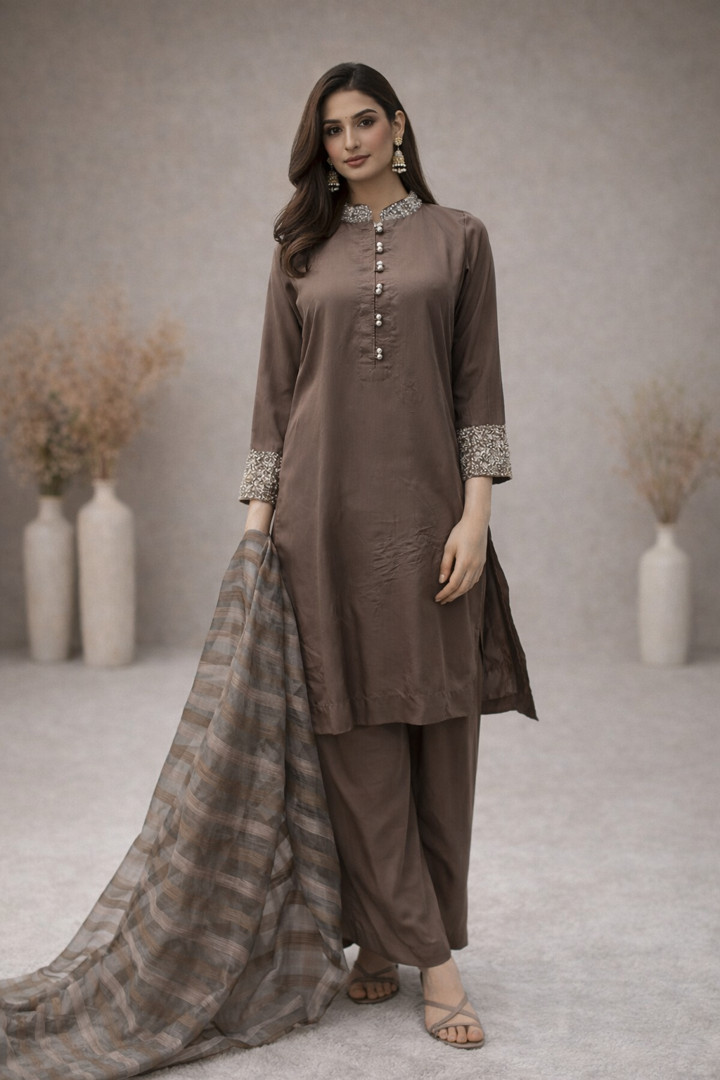 RUHKÉ Mocha Luxe viscose silk kurta set with intricate handwork and tissue dupatta Model