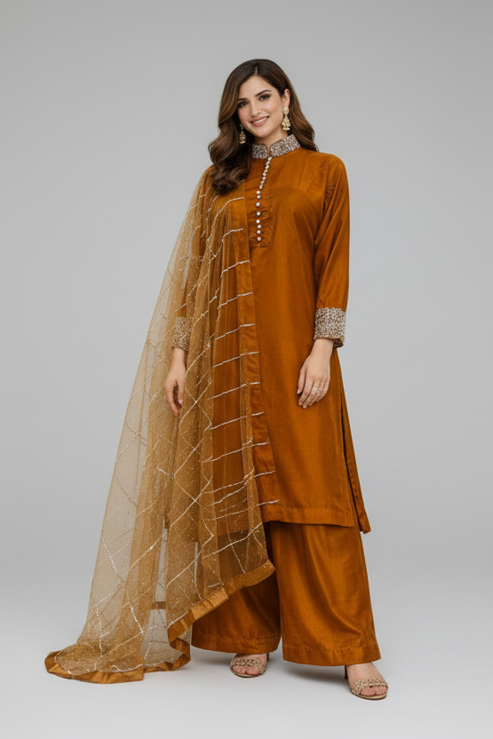 Elegant Eid formal wear viscose silk suit with wide leg trousers Australia