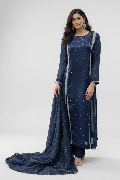 Navy blue sheesha silk long shirt shalwar kameez with hand stone and rehnion work