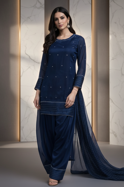 Woman wearing a blue traditional outfit with intricate designs on a gray background 