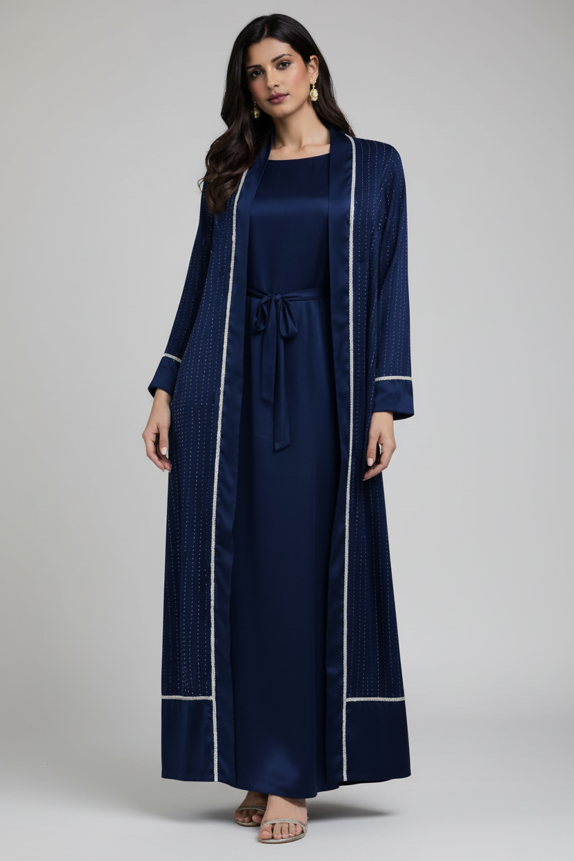 Midnight navy sheesha silk open abaya with matching silk inner dress and stone embellishment