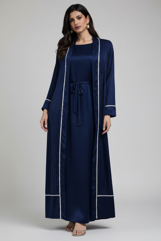 Midnight navy sheesha silk open abaya with matching silk inner dress and stone embellishment