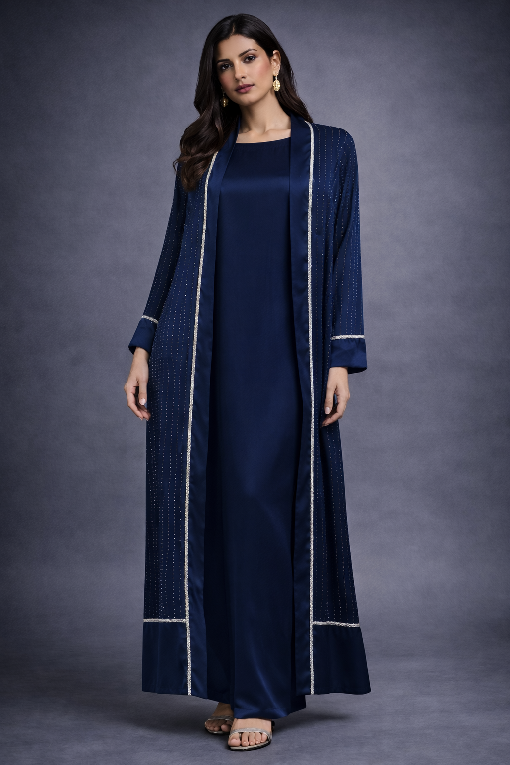 Luxury navy blue open abaya set in sheesha silk with elegant inner silk dress