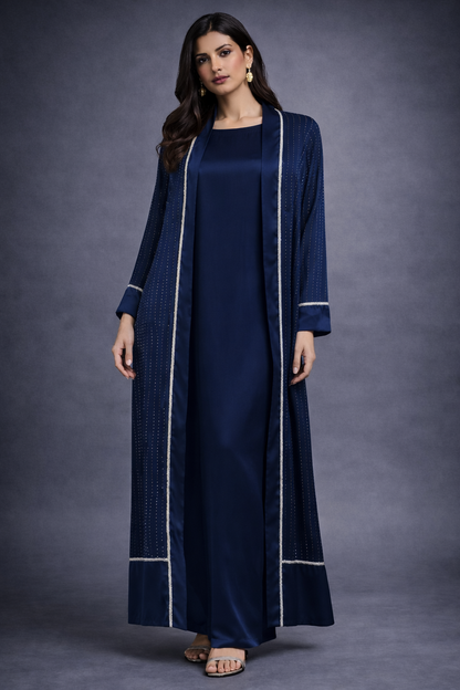 Luxury navy blue open abaya set in sheesha silk with elegant inner silk dress