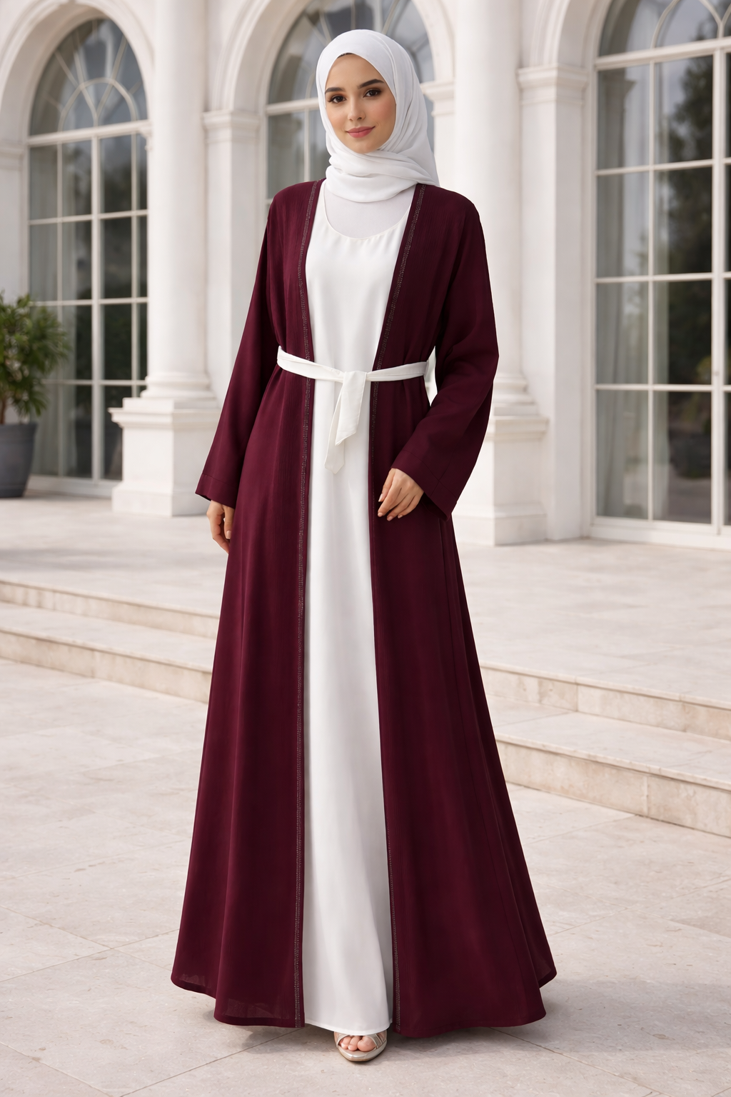 Woman wearing a burgundy and white abaya in front of a classical building.