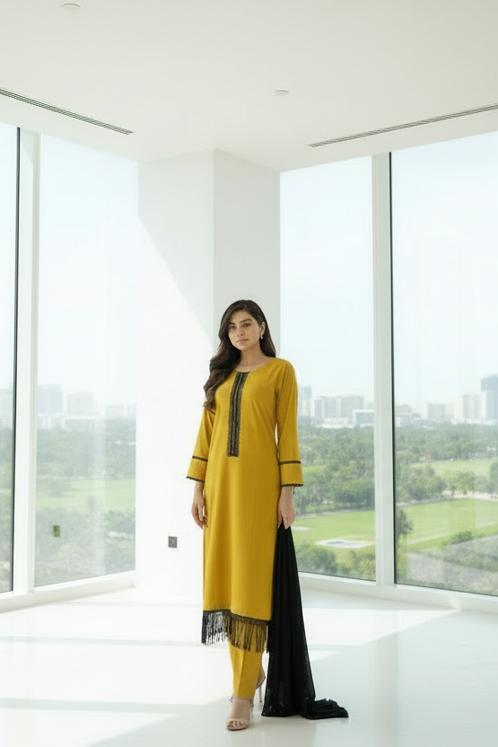 Mustard yellow long lawn shirt with straight cut silhouette