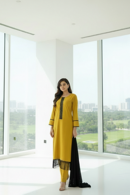 Mustard yellow long lawn shirt with straight cut silhouette