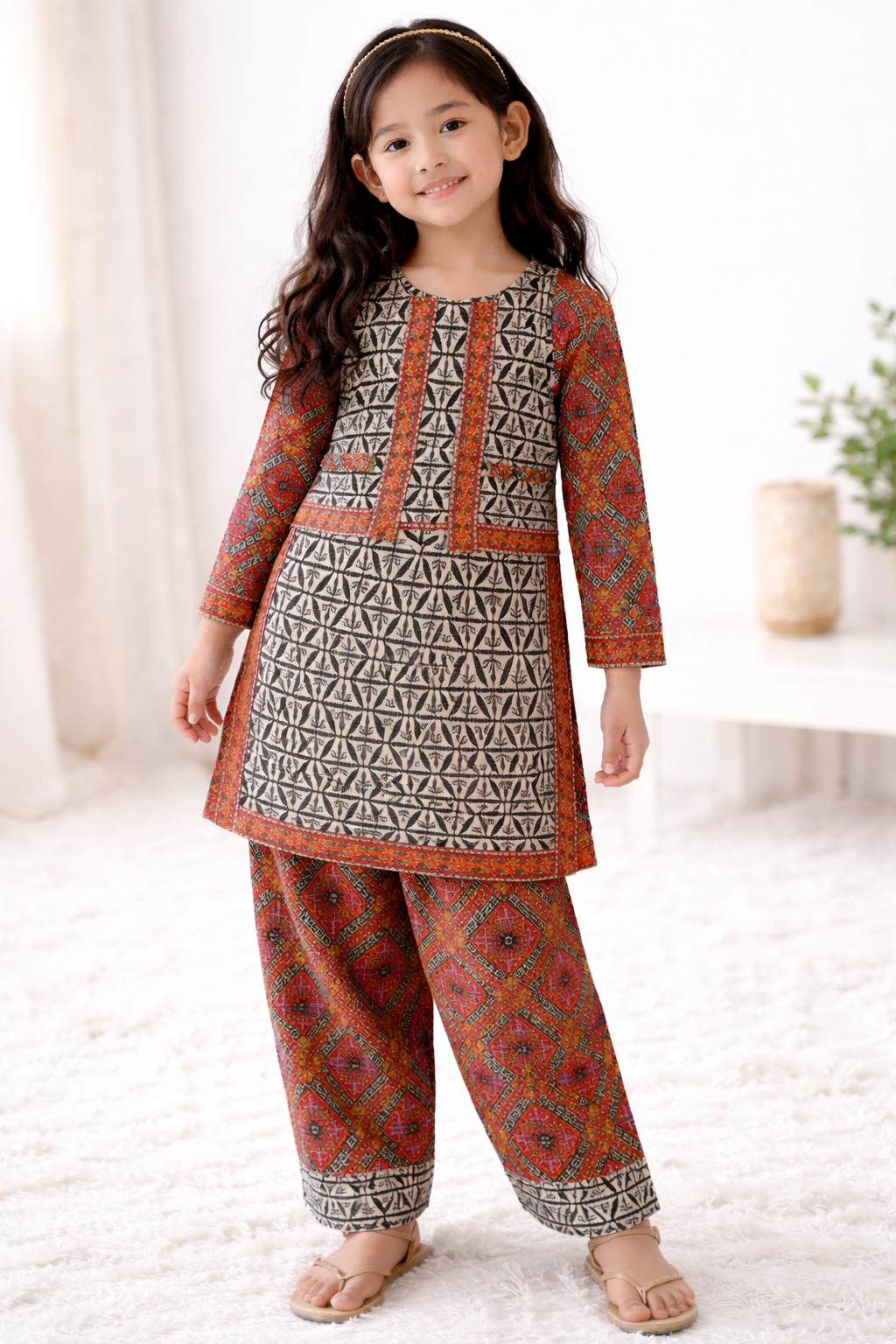 Girls printed lawn dress set worn by 7 to 8 year old model