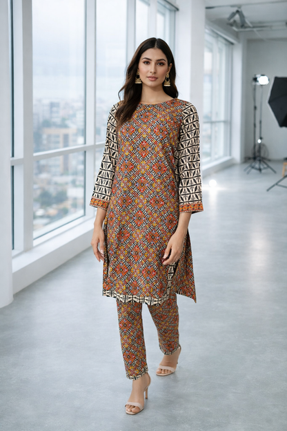 Luxury Printed Lawn 2-Piece Co-Ord Set for Women – Ivory & Rust Ethnic Design | RUHKÉ™