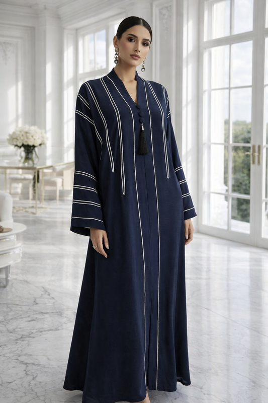 Luxury royal navy flared textured silk abaya with dori and stone work by RUHKÉ Australia