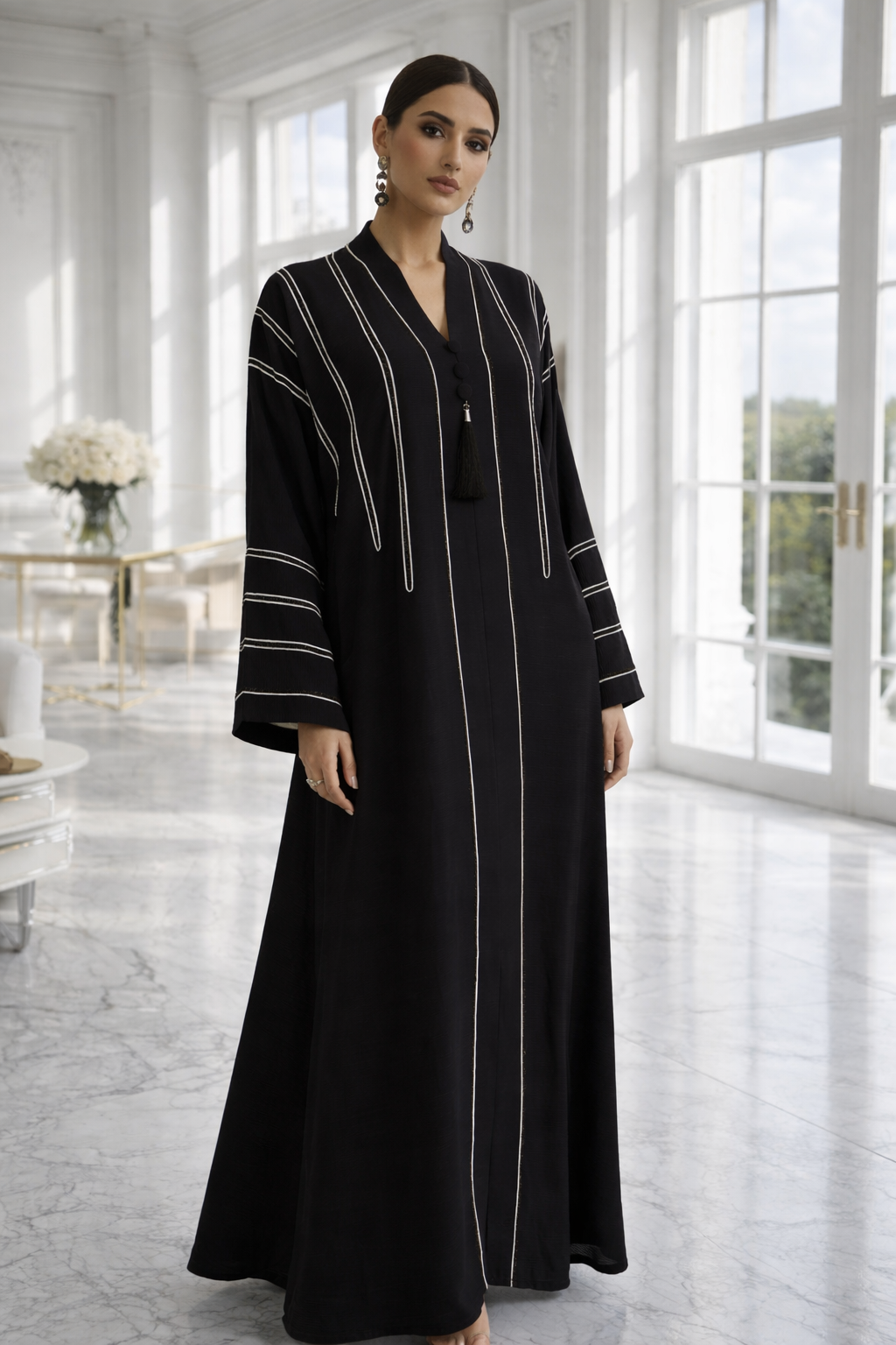 Luxury black flared textured crêpe silk abaya with dori and stone work by RUHKÉ Australia