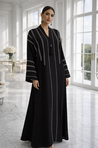 Luxury black flared textured crêpe silk abaya with dori and stone work by RUHKÉ Australia