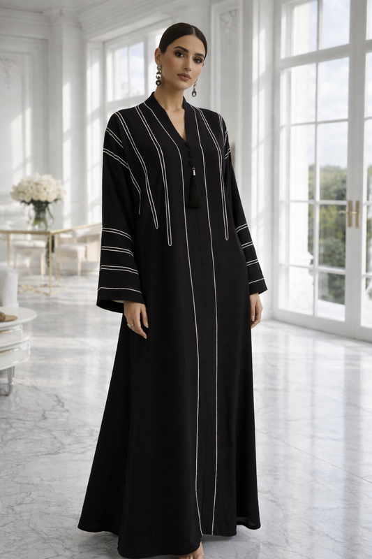 Luxury black flared textured crêpe silk abaya with dori and stone work by RUHKÉ Australia