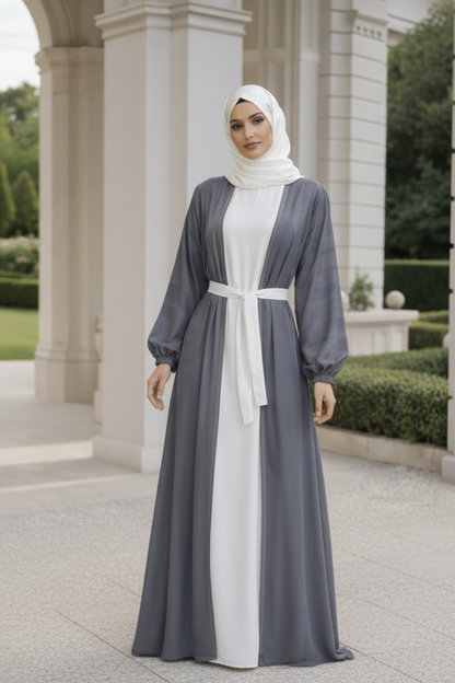 Luxury charcoal grey textured silk abaya with elegant flared silhouette, premium modest wear by RUHKÉ Australia