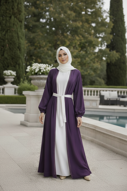 Luxury deep plum textured silk abaya with elegant flared silhouette, premium modest wear by RUHKÉ Australia