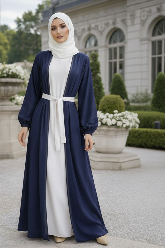 Luxury Royal Navy textured silk abaya for women by RUHKÉ Australia, elegant designer modest wear with fluid drape and premium silk finish