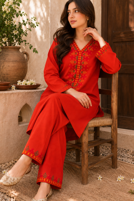 RUHKÉ Premium Burnt Orange Khaddar Co ord set with Traditional Char Suti Embroidery