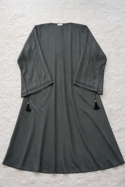Back view Smooth nida fabric texture of RUHKÉ luxury olive grey abaya