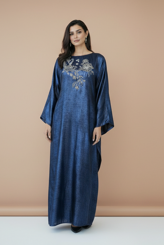 Blue premium velvet silk butterfly abaya with intricate katka handwork