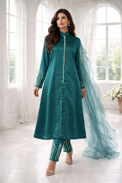 ruhke rich teal silk open front frock australia Model