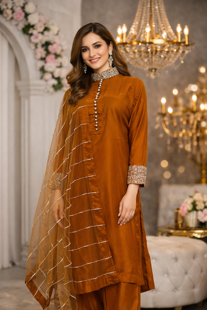 RUHKÉ luxury viscose silk 3PC dress with pearl embellishments and net dupatta