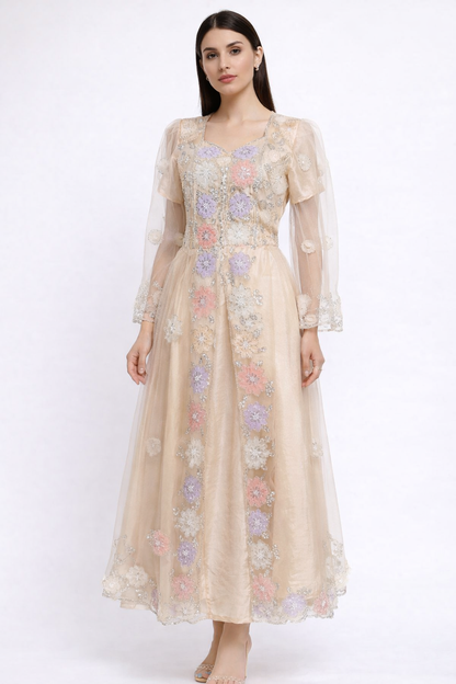 Elegant beige net dress with floral embellishment, pearls, sequins and 3D flowers